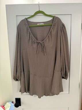 Free People Taupe Smocked Mini Dress with Tie Neck